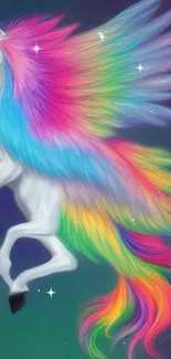 Vibrant rainbow unicorn with colorful mane and wings on a gradient background.