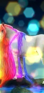 Unicorn with a vibrant rainbow mane on a dark background.