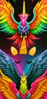 Mystical unicorn with colorful rainbow wings on a dark background.