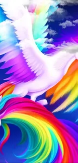 Colorful unicorns with rainbow wings on a purple cosmic background.