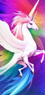 Colorful unicorn with rainbow mane and wings on a vibrant background.