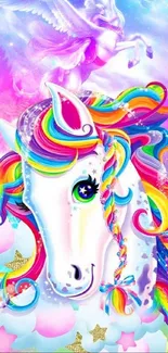 Colorful rainbow unicorn wallpaper with magical design.