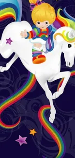 Whimsical wallpaper with rainbow unicorn and child on dark background.