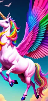 A vibrant unicorn with rainbow wings soaring in a dreamy sky, ideal for mobile screens.