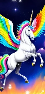 Vibrant unicorn with rainbow wings against a cosmic background.