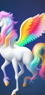 Vibrant winged unicorn with rainbow mane and golden hooves on a dark blue background.