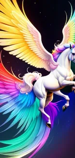 Vibrant winged unicorn with rainbow colors on a black starry background.