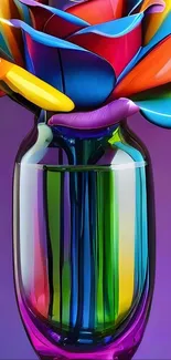 Vibrant rainbow-colored vase with abstract petals.