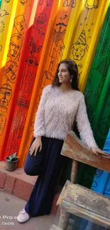 Woman posing against vibrant rainbow wall art.