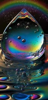 Colorful rainbow water drop with vibrant reflections.