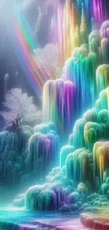 Colorful cascading waterfall with a rainbow effect.