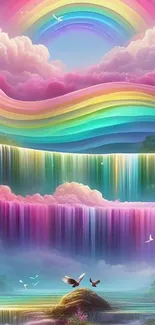 A vibrant fantasy scene with rainbow waterfalls and colorful sky.