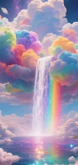 Vibrant rainbow waterfall flowing from colorful clouds.