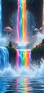 Vibrant rainbow waterfall in a fantasy landscape.