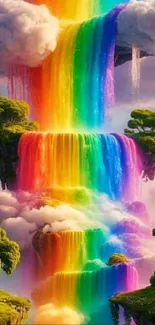 A vibrant rainbow waterfall in a fantasy landscape with lush greenery.