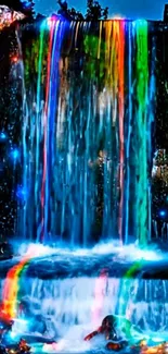 Magical waterfall with rainbow lights in a fantasy setting.