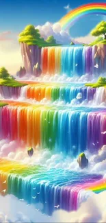 Fantasy rainbow waterfall wallpaper with vibrant colors.