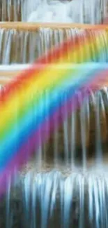 Vibrant rainbow over cascading waterfall scene.