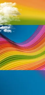 Colorful rainbow wave with clouds and gradient sky.