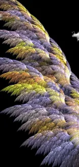 Colorful fractal wing on black background with cloud accents.