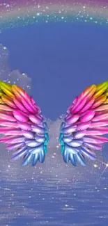 Vibrant rainbow angel wings with purple sky.