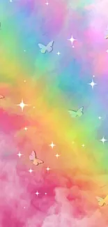 Rainbow cloud wallpaper with butterflies.