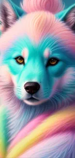 Colorful wolf in rainbow hues, vibrant art wallpaper.