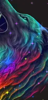 Colorful rainbow wolf with starry accents on black background.