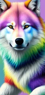 A vivid rainbow wolf design on a purple background.