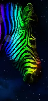 Rainbow zebra with vibrant colors against a starry night sky.