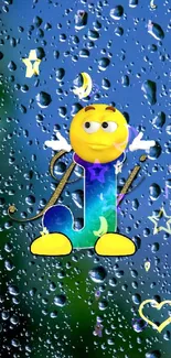 Cheerful cartoon character on raindrop-covered blue background.