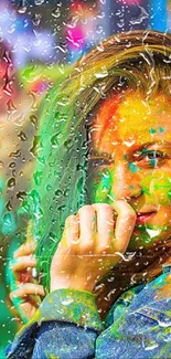 Colorful portrait with raindrop effects on a vibrant mobile wallpaper.