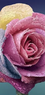 Multicolored rose with raindrops wallpaper.