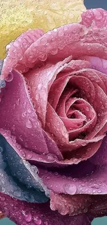 Vibrant, raindrop-covered multi-colored rose in close-up view.