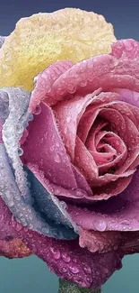 Colorful rose with raindrops, vibrant wallpaper.