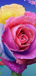 Vibrant pink and multicolored rose with raindrops on petals.