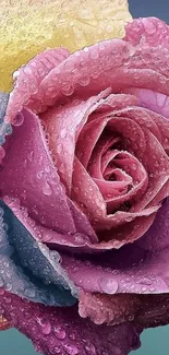 Close-up of a multicolored rose with raindrops, highlighting pink petals.