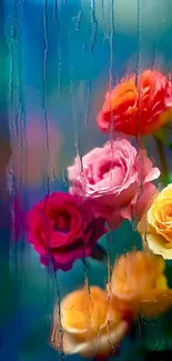 Vibrant roses with raindrops on a blue background.