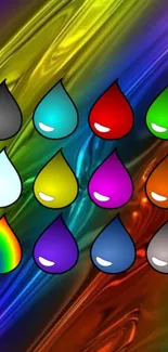 Vibrant raindrop wallpaper with rainbow gradient background and colorful designs.