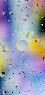 Raindrops on a vibrant multicolored bokeh background.