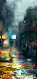 Vibrant cityscape with colorful reflections on a rainy street, perfect for mobile wallpaper.