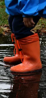 Child in orange boots splashing in a rainy puddle surrounded by nature.