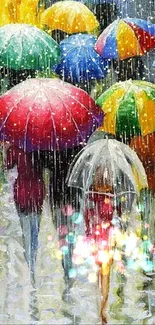 Colorful umbrellas in the rain, abstract art.