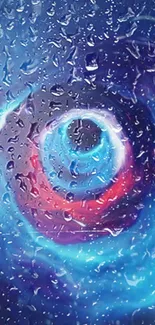 Vibrant blue and red space vortex with rain drops.