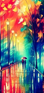 Vibrant rainy street art wallpaper with colorful trees.