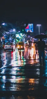 Rainy street at night with vibrant reflections and lights.