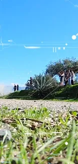 Rally car racing on a dirt path surrounded by nature under a blue sky.