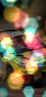 Dynamic rally car with colorful bokeh lights.