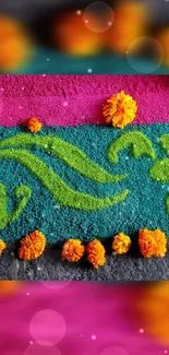 Vibrant Rangoli design with flowers and colorful patterns.