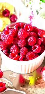 Vibrant display of fresh raspberries in a bowl with natural elements.